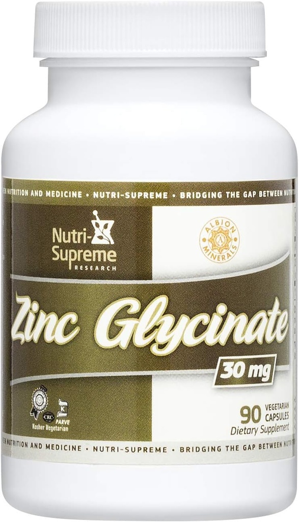 Nutri-Supreme 아연 글리콜 30 mg - 90 채식 캡슐 - Optimal 흡수 및 효능 테스트 - Immune 및 Metabolism 건강 지원 - 다이어트 보충제