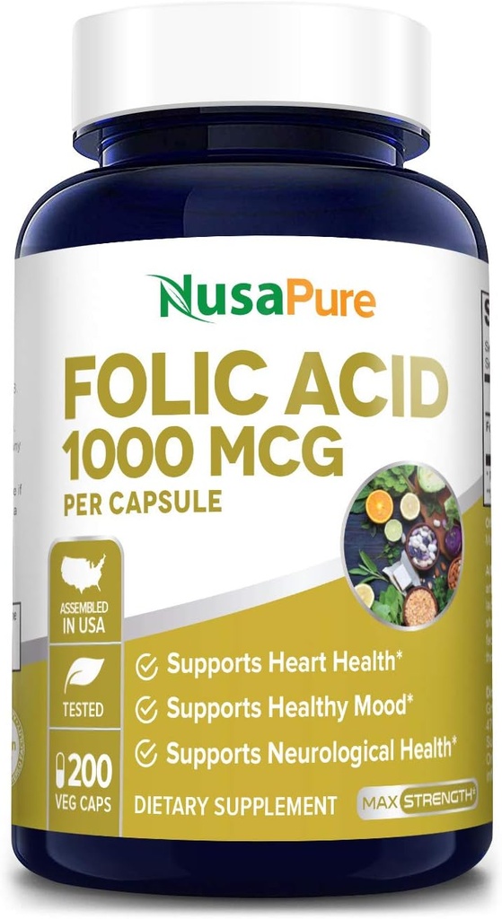 NusaPure Folic 산 1000mcg 200 Veggie 모자 (비 GMO, 채식주의, 글루텐 무료)