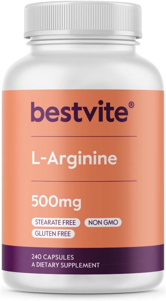 BESTVITE L 아르기닌 500mg (240 캡슐) - 마그네슘 스테아르산염 없음 - 아니 실리콘 디옥사이드 - 필러 없음 - 비 GMO - 글루텐 무료