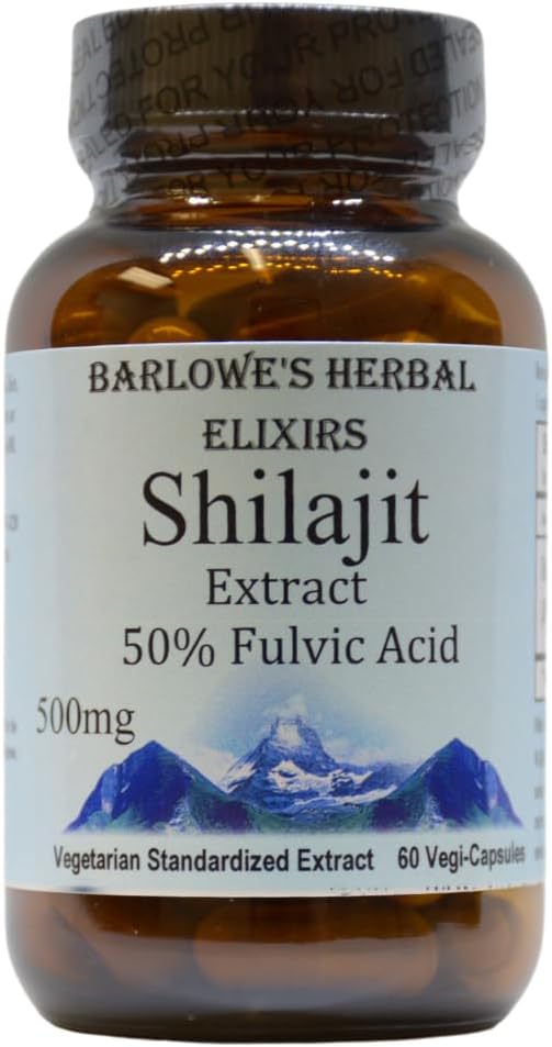 Barlowe 's Herbal Elixirs Shilajit Extract | 캡슐 당 500mg | 50 % Fulvic Acid | Vitality & Wellness 용 미네랄 리치 히말라야 보충 | 60 Vegan 캡슐 | Non-GMO, 글루텐 프리, 유리 병