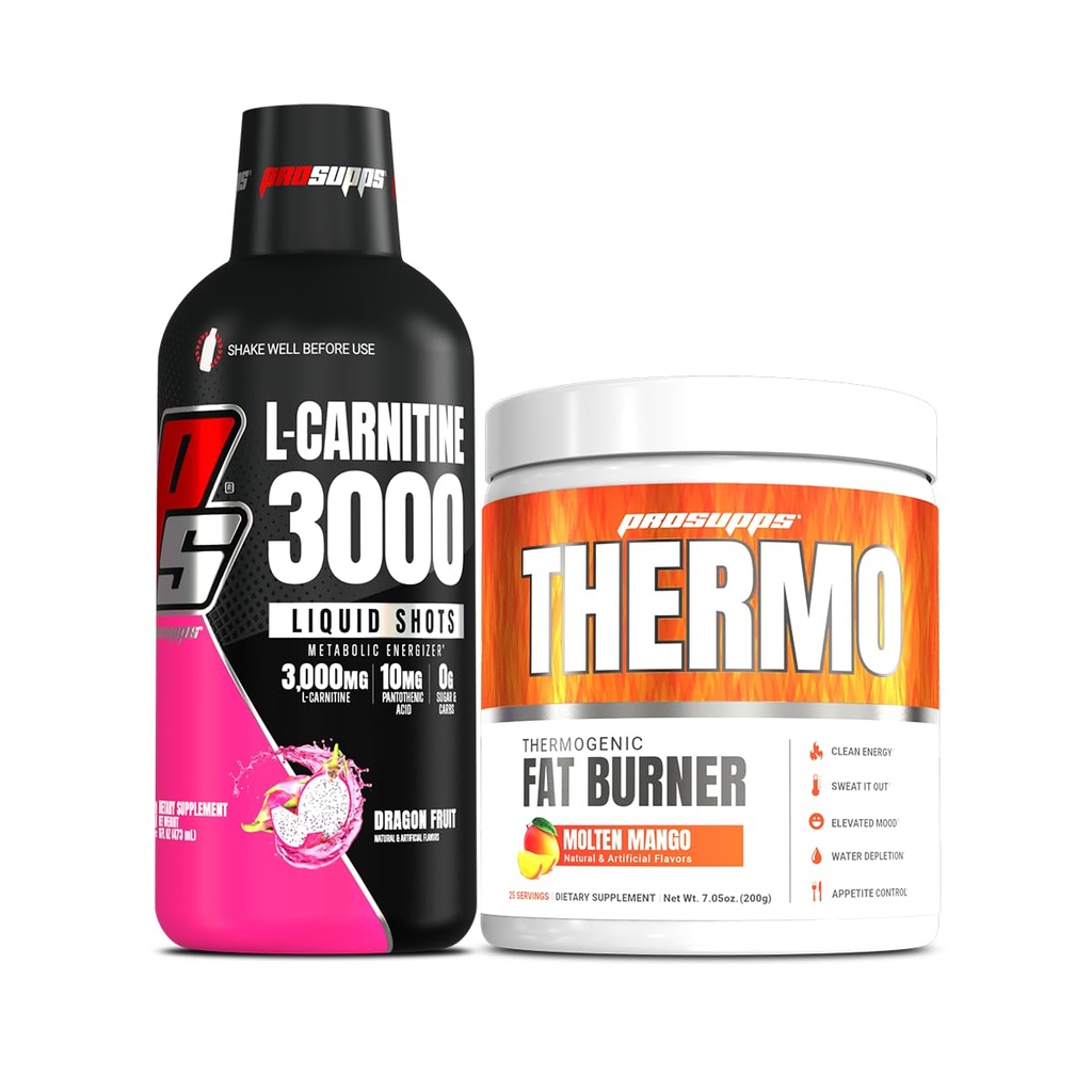 PROSUPPS L-Carnitine 3000 자극제 자유로운 액체 탄 (31의 서빙, 용 과일) 및 열 뚱뚱한 불타는 열성 분말 (25의 서빙, Molten 망고) 뭉치