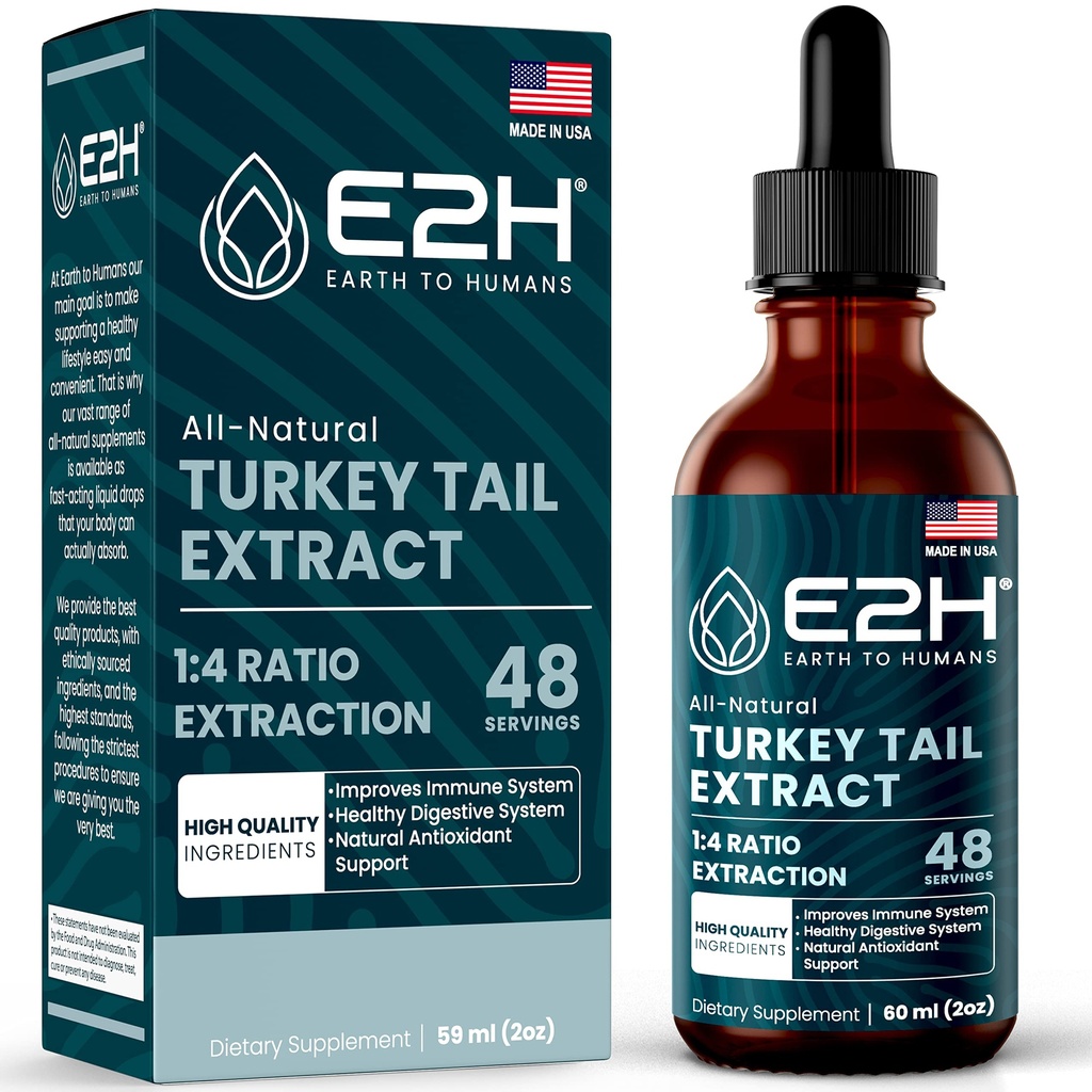 터키 꼬리 버섯 추출물 - 터키 꼬리 버섯 캡슐 또는 분말보다 빠른 흡수 - All-Natural Immune System & Digestive Support- Real Mushrooms Turkey Tail - 2 Fl Oz by E2H