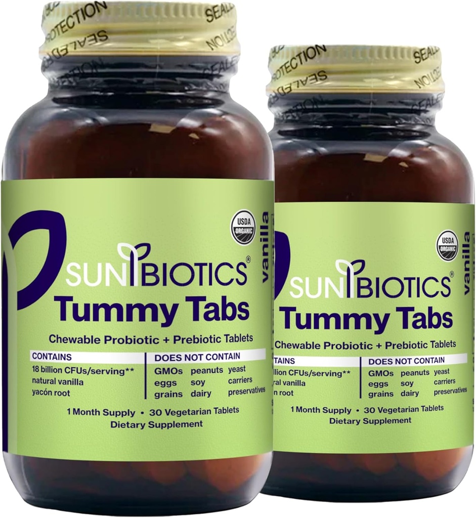 SUNBIOTICS Tummy Tabs - Chewable Probiotic 및 Prebiotic 정제 좋은 Gut Flora, Immune 시스템, & Balanced Microbiome - 바닐라, (팩 2)