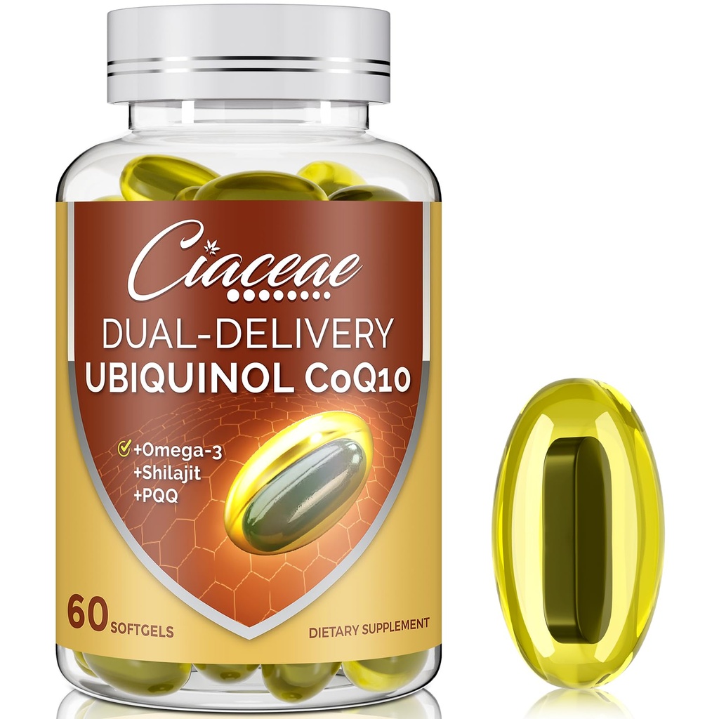 Ubiquinol CoQ10 600 MG Softgels with Omega-3 & Shilajit & PQQ, 고급 이중 배달 Coenzyme-Q10, Fertility, Antioxidant, Heart, Brain & Energy, 60 서빙을위한 활성 CoQ10 Ubiquinol 보충