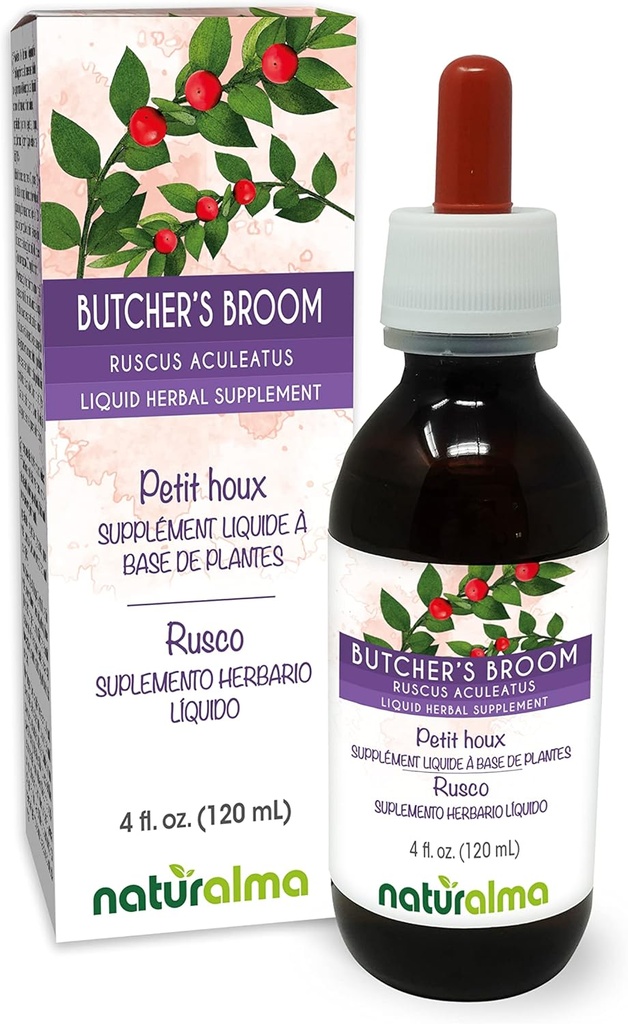 Naturalma Butcher 's Broom (Ruscus aculeatus) 뿌리 알코올 - 무료 탄약 - 드롭 4 fl oz 액체 추출물 - 초본 보충 - Vegan