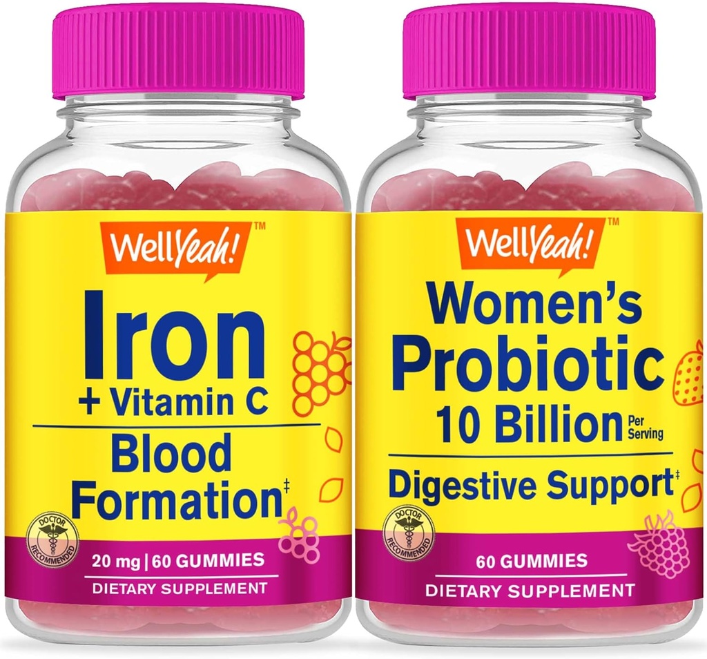 WellYeah Iron+Vitamin C + Probiotics 여성 10B CFU, Gummies 번들 - 훌륭한 타스팅, 비타민 보충, 글루텐 무료, GMO 무료, Chewable Gummy