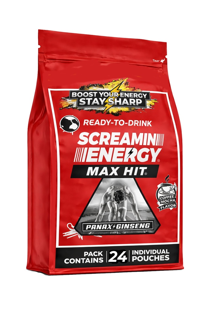 Screamin Energy Max Hit - Ginseng & Caffeine과 에너지 샷 추가 강도 - 100 % B-1, B-2, B-3, B-6, B-7 및 B12 Coffee Mocha, 24 카운트