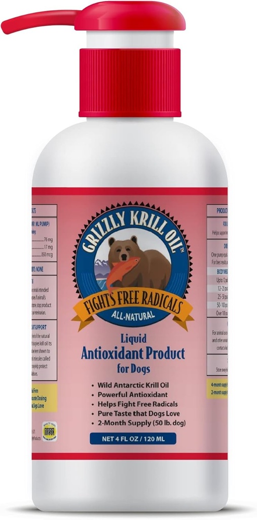 Grizzly Wild Antarctic Krill Oil All-Natural 산화 방지제 개 식품 보충교재, 4 oz