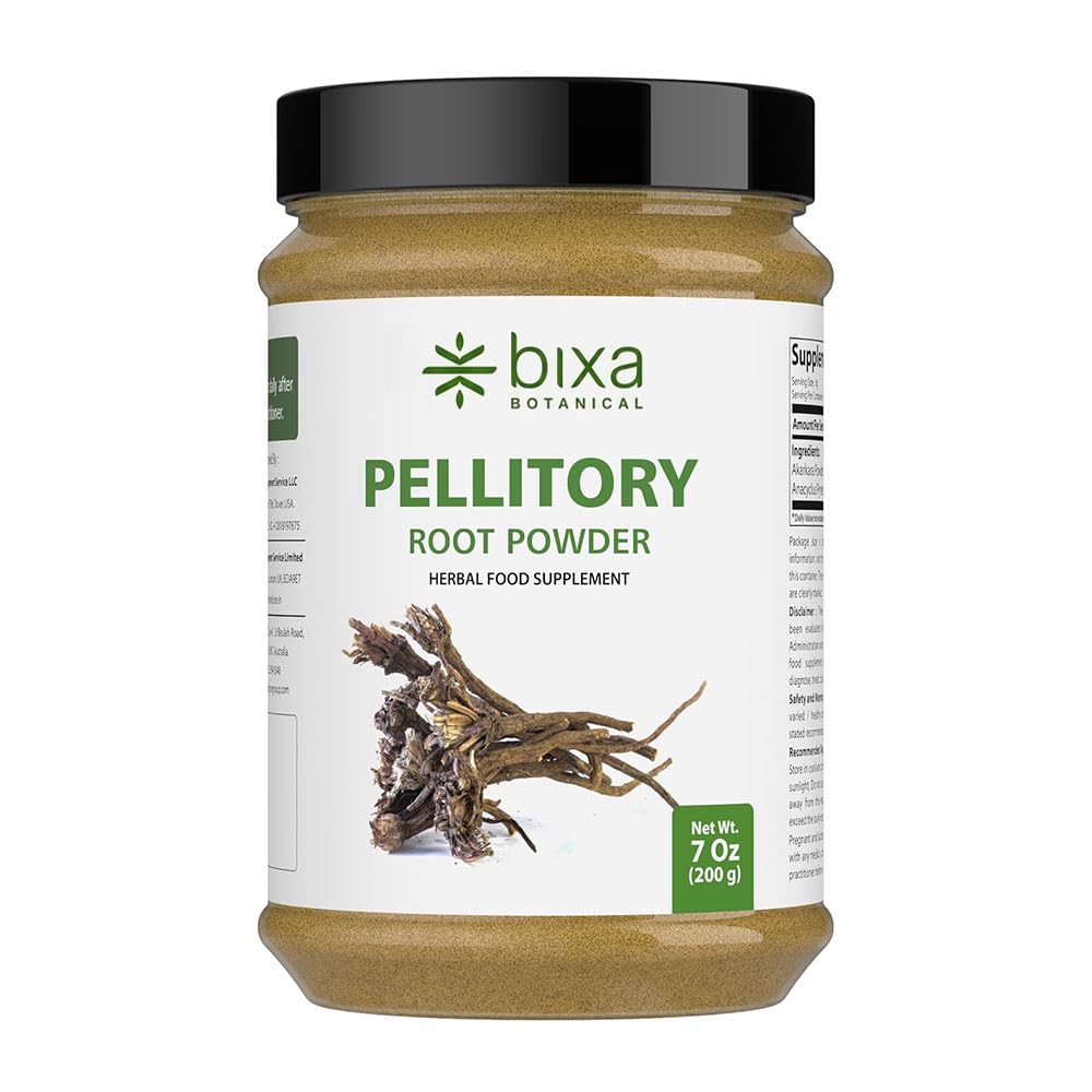 Bixa BOTANICAL Pellitory 루트 분말 | Anacyclus pyrethrum/Akarkara | Ayurvedic 초본 보충 | 200 GMS / 7 OZ | 글루텐 프리, 비 GMO, 증기 치료, 채식, 100 % 순수.