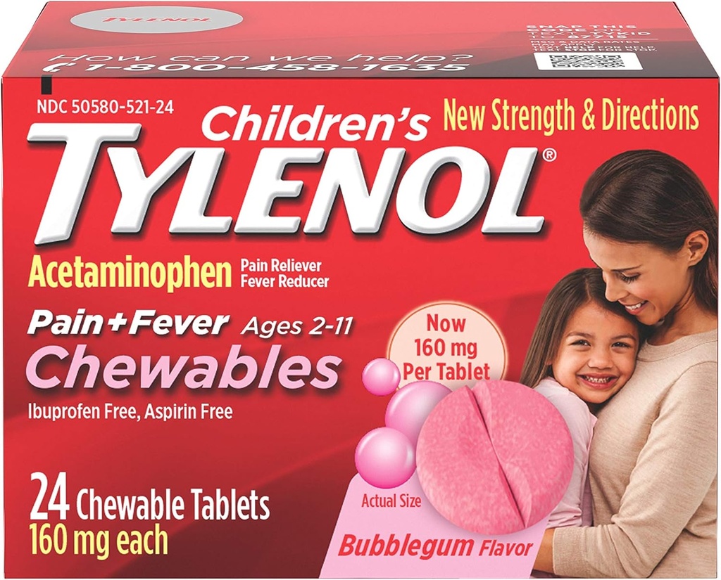 아이들의 Tylenol Chewables, 고통 & Fever 기복을 위한 Acetaminophen, 거품 껌, 24의 ct