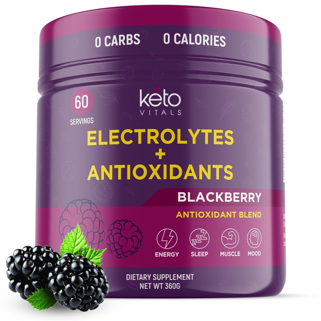 Keto Vitals Antioxidant Electrolytes Powder - 칼륨, 마그네슘, 나트륨 및 칼슘과 혼합 Keto Electrolytes - 설탕 Electrolyte 음료 혼합 및 Hydration Powder, 60 서빙, BlackBerry
