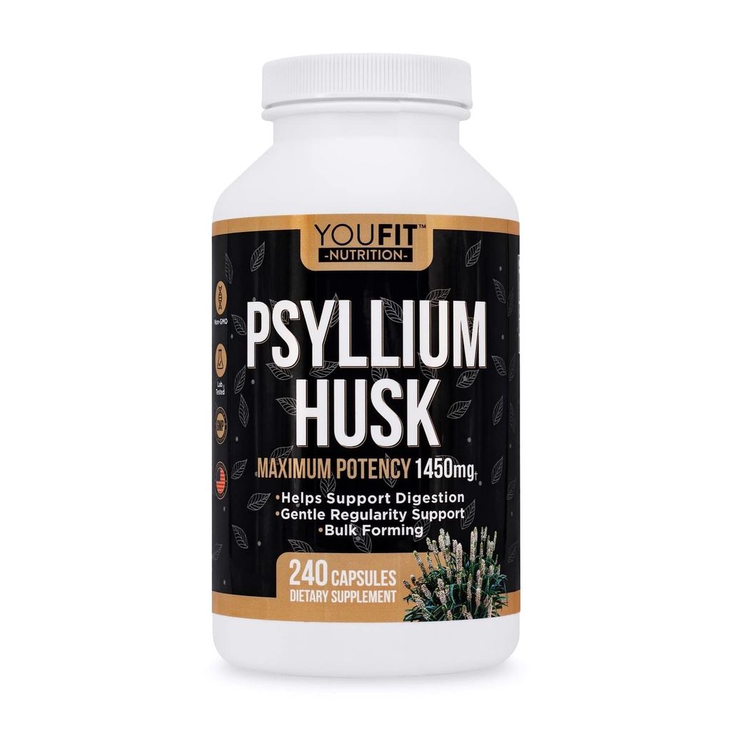 PSYLLIUM Husk 캡슐 - 프리미엄 심포지엄 섬유 보충 - Intestinal 건강 및 일정 - 100 % 천연 수용성 섬유 1450mg / 서빙 - 240 캡슐