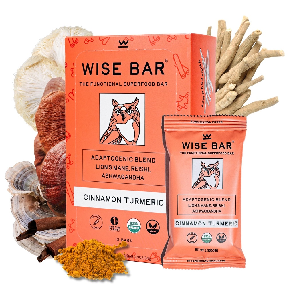 WISE BAR Adaptogen Mushroom Nutrition Bar with Reishi, Lions Mane & Ashwagandha, 유기농 Vegan & Gluten 자연 초점, 에너지 및 면역 지원, 계피 맛, 12 카운트