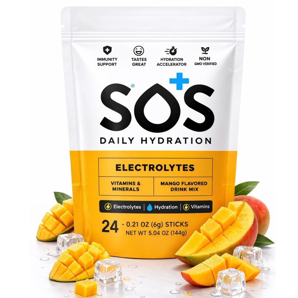 SOS Hydration Electrolyte Powder Drink Mix | 24 인분 | 필수 비타민 Low Sugar Keto-Friendly | 망고