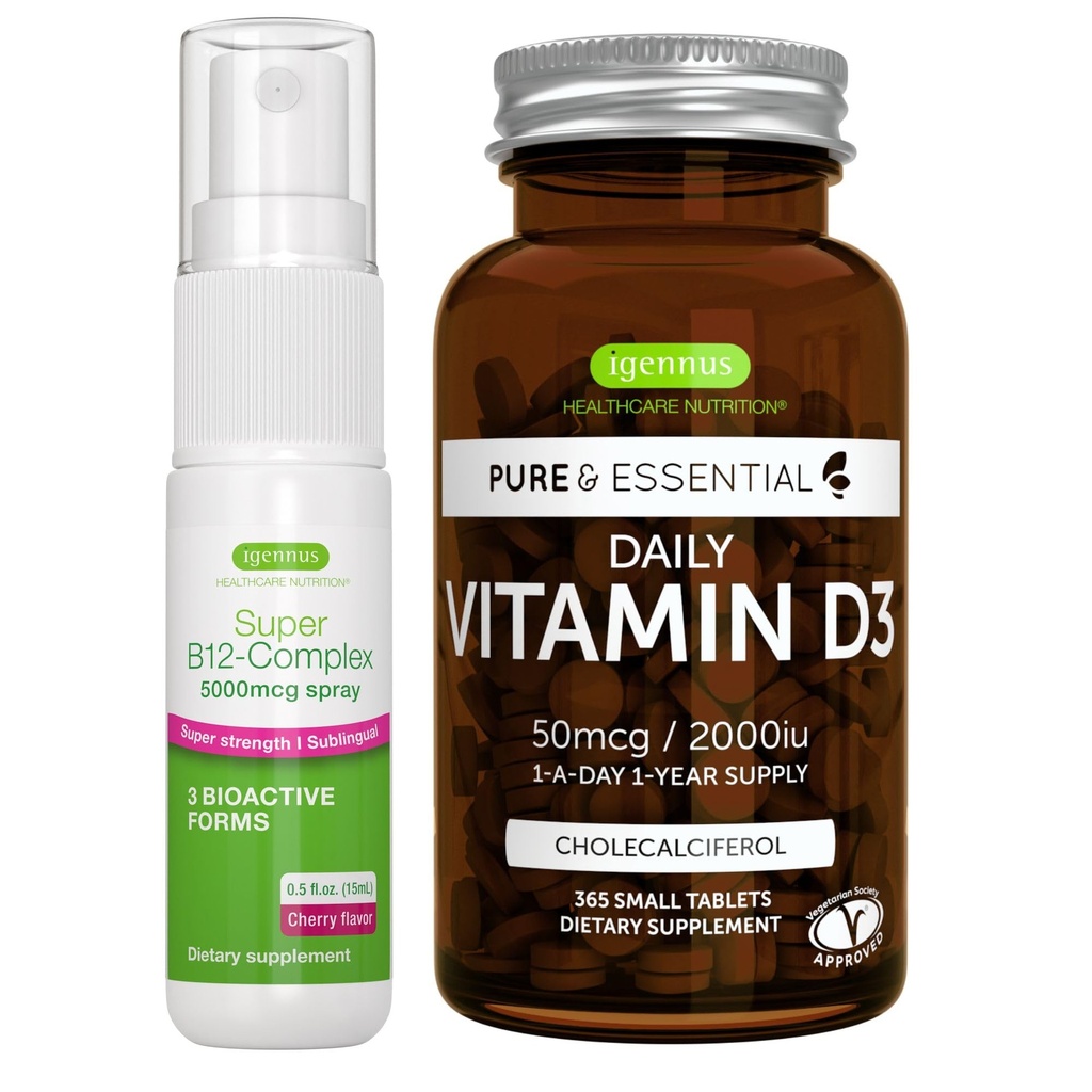 매일 비타민 D3 + Super B12-Complex 5000mcg 채식 뭉치, 365 2000iu 비타민 D3 정제 + 고강도 B12 버찌 맛 서브 언어 살포, Igennus에 의하여