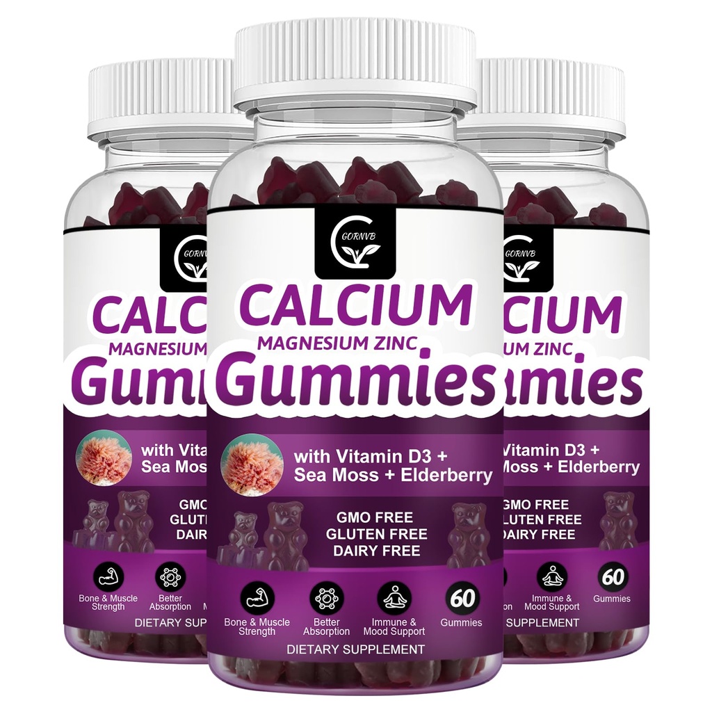 높은 흡수 마그네슘 글리세린 칼륨과 칼슘 마그네슘 아연 Gummies - 식물 복합 칼슘 마그네슘 2 : 1 비율, Bone, 근육, 면역 및 수면 지원, Vegan-3 팩에 대한 D3 바다 모스와