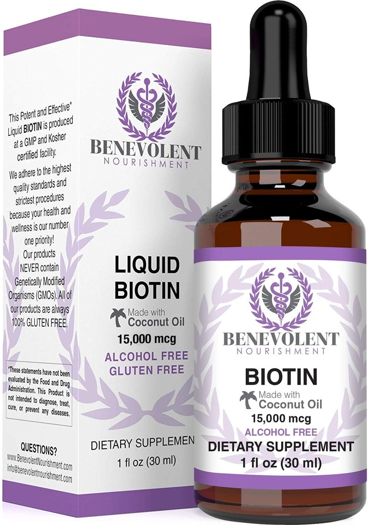 Benevolent 액체 Biotin 15000 mcg - 5X 흡수를위한 코코넛 오일과 주입, 비 GMO & Vegan 헤어 성장 Glowing 피부와 강한 손톱에 대한 친절한 Biotin