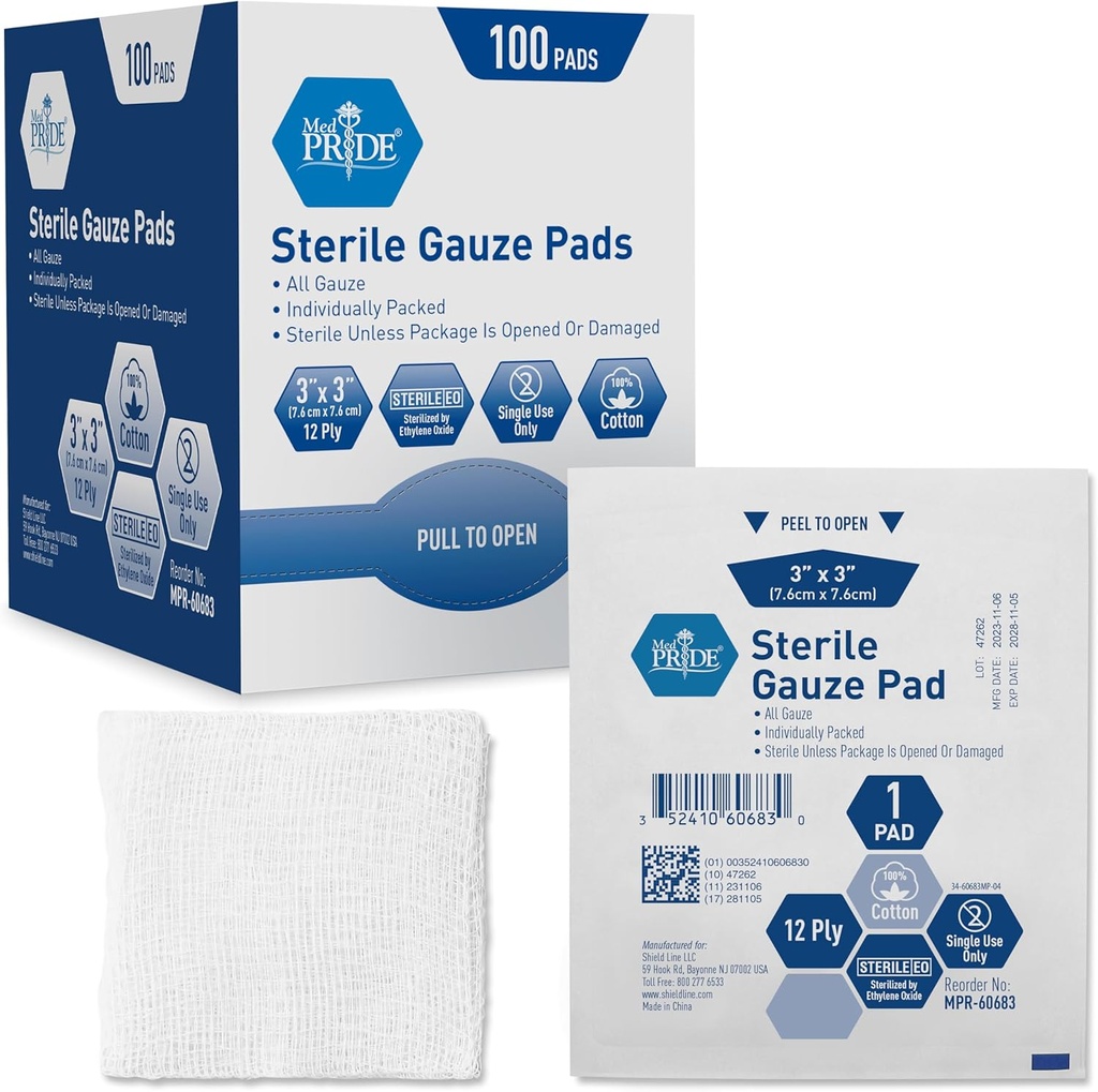 MED PRIDE Sterile Gauze Dressing Pads, 12 Ply 고 흡수성 면, 개별적으로 포장, 비 스틱, 무통 제거 (3x3 인치 (100 포장))