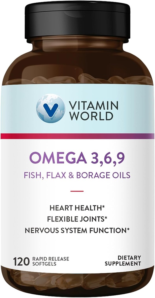 물고기, Flax, Borage & 저녁 Primrose 기름, EPA & DHA를 가진 Omega-3 지방산, 지원 심장, 뇌 & 면역성 건강, 글루텐 자유로운, 120 Softgels를 가진 비타민 세계 세겹 오메가 3-6-9 3000mg