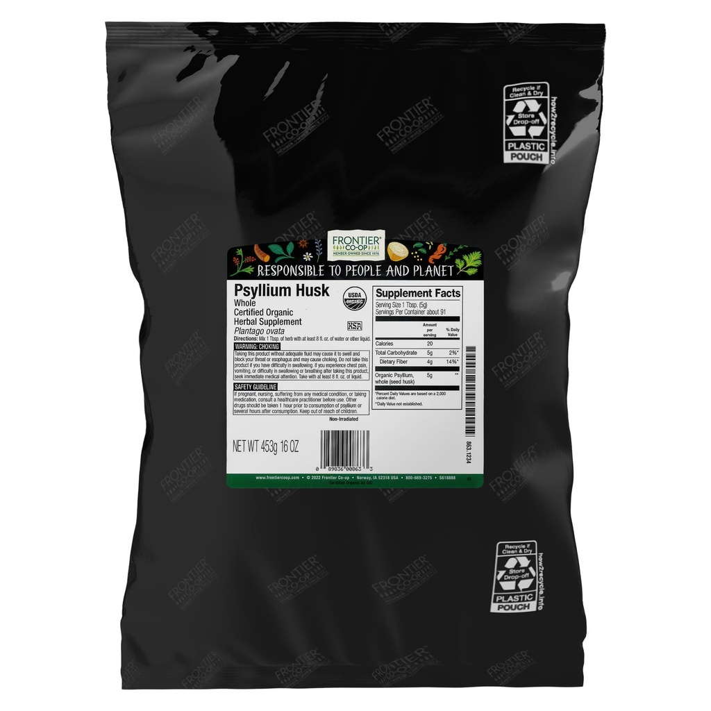 Frontier Co-op Organic Psyllium Husk 1lb - Whole Psyllium Husk, Organic & Kosher - 베이킹을위한 Psyllium Husk 섬유, Digestion, Psyllium Husk Powder Bulk