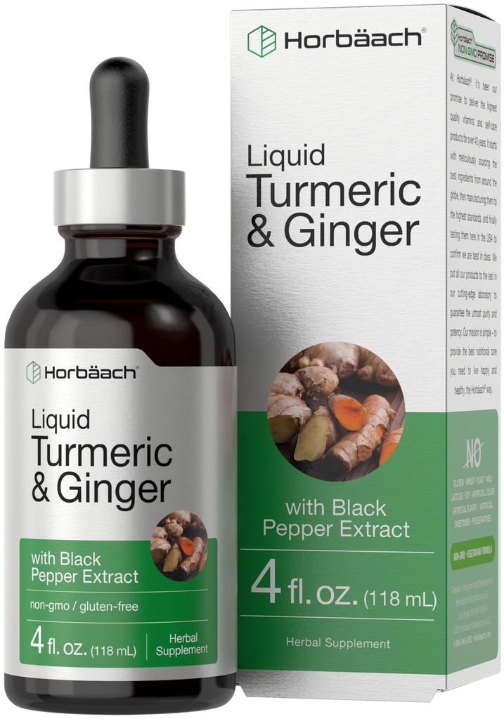 Horbaach Turmeric and Ginger Supplement Drop | 4 fl oz | 검은 후추 추출물 | 초본 액체 Tincture | Vegan, Non-GMO 및 글루텐 무료
