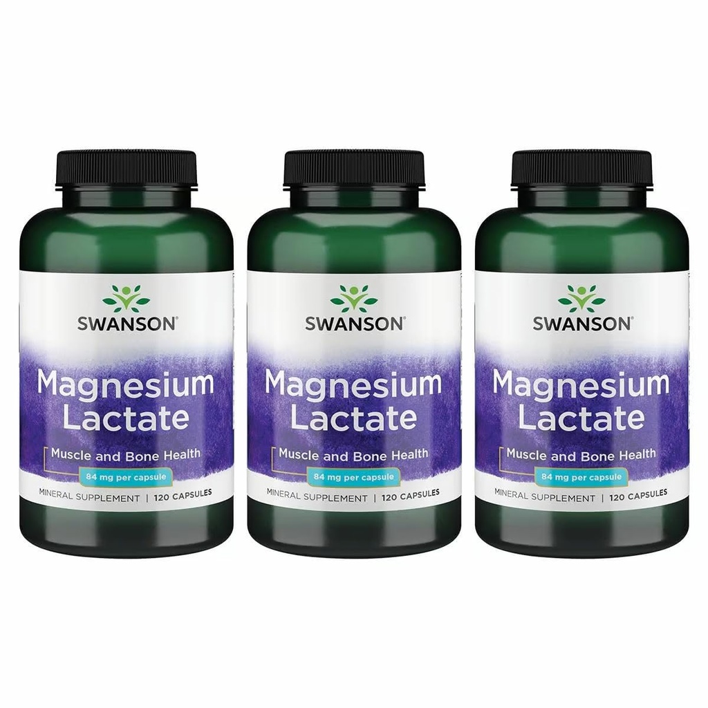 Swanson Magnesium Lactate - 근육과 뼈 건강 지원 촉진 - Gentle Absorption 용 Lactose-Free Lactate Mineral Form - (120 캡슐, 84mg 각각) 3 팩