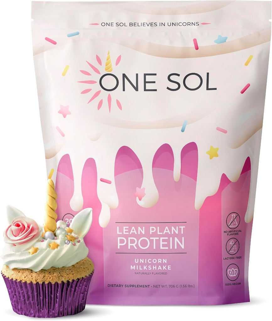 하나의 Sol Lean 식물 기반 단백질 분말, 완두 및 브라운 쌀 단백질, 낮은 캐비넷, 비건 친화적 인 - 글루텐, 락토스, & 콩 무료 - 설탕 추가 없음, 비 GMO, 깨끗한 영양, Bloating (우니콘 밀크 셰이크)