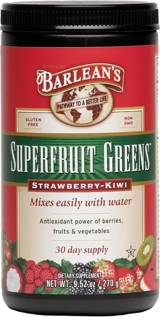 Barlean의 Superfruit Greens Powder With Antioxidant Power Of Berries, 과일 및 야채 - Strawberry Kiwi 풍미 - Vegan, Non-GMO, 글루텐 - 무료 - 9.52 온스