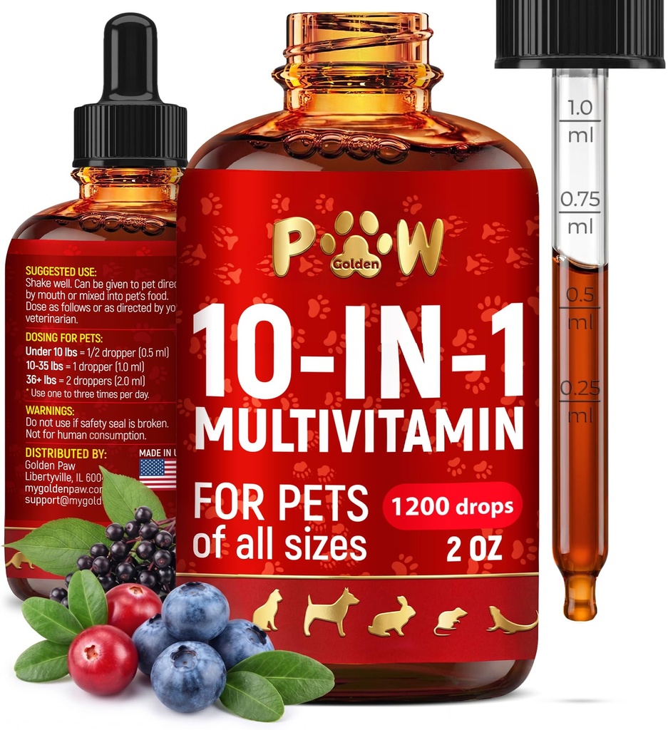 Cat Multivitamin - 비타민 B, C 및 액체 형태로 D3 - 10에서 1 개 비타민과 알레르기 및 UTIs와 함께하는 보조 식품 - 피부 및 코트 케어를위한 고양이 비타민 - HIPS 및 관절 용 글루코사민 - 2 Oz