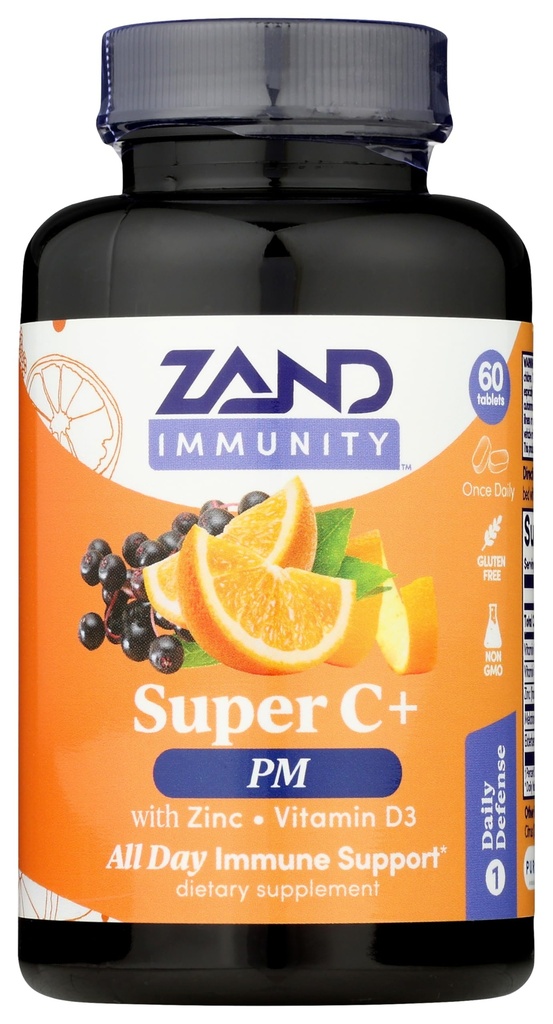 Zand Immunity 슈퍼 C + PM, 야간 면역 지원 Melatonin, 1000mg PureWay-C 비타민 C, 아연, D3 & Elderberry, 향상된 흡수 - 60 정제, 30 서빙
