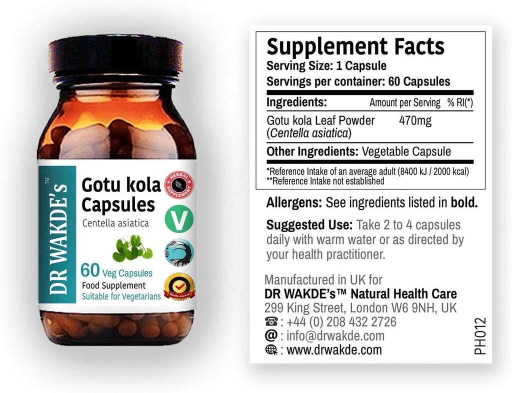 DR WAKDE의 Gotu kola 캡슐 (Mandukparni, Centella asciatia, 60 Veg Caps, 식물 기반 보충, Ayurvedic 허브, 모든 자연, Vegan)