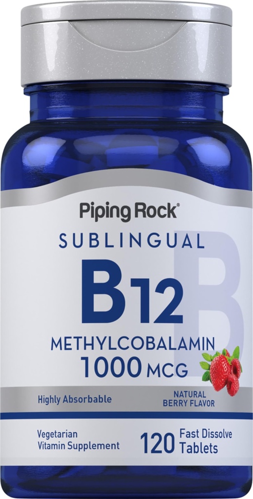 Piping Rock Vitamin B12 1000 mcg 하위 언어 | 120 정제 | Methylcobalamin | 베리 맛 | 채식주의, 비 GMO, 글루텐 무료 보충