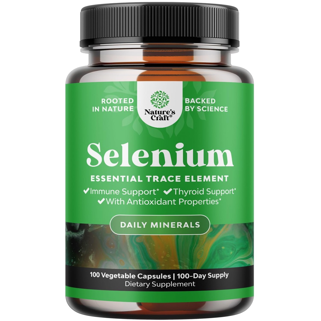 Yeast Free Selenium 200mcg 캡슐 - 면역 산화 및 Thyroid 지원 필수 추적 무기물 - Vegan Non-GMO 글루텐 무료 및 미국에서 만든 - 100 개