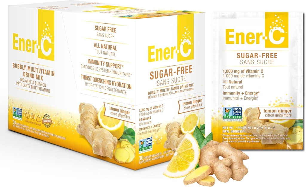 Ener-C 설탕 자유로운 레몬 생강 Multivitamin 음료 혼합, 1000mg 비타민 C, 비 GMO, 채식주의자, 진짜 과일 주스 분말, 자연적인 Immunity 지원, Electrolytes, 글루텐 자유로운, 30의 1 팩