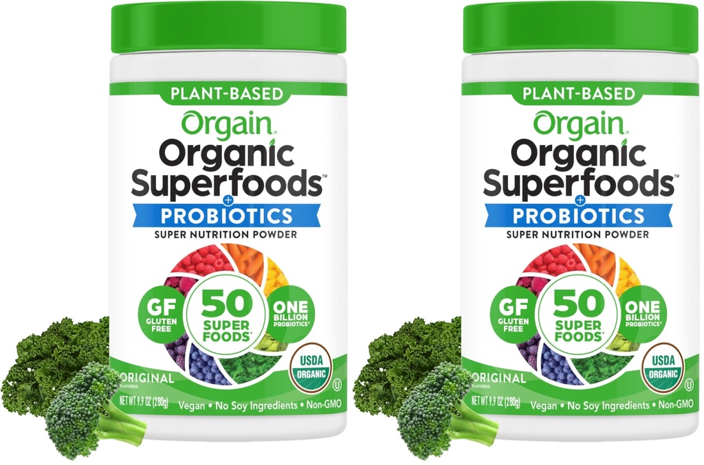Orgain Organic Greens Powder + 50 Superfoods, Original - Gut Health, Antioxidants, Vegan, Plant Based, Gluten Free, Non GMO, Dairy Free Juice & Smoothie Mix 용 1 억 Probiotics - 0.62lb