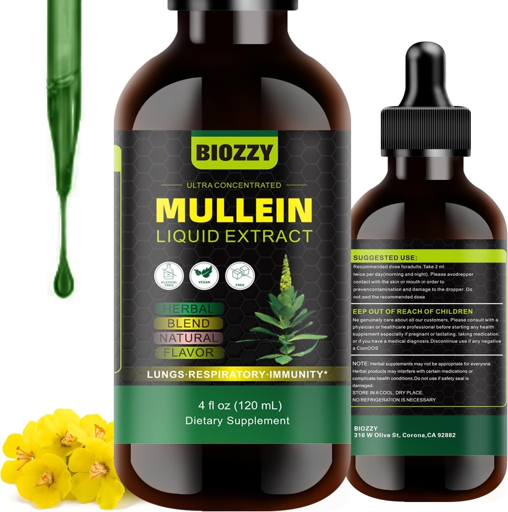 Lungs에 대한 일반적인 Mullein 드롭 | 호흡기 및 Lungs 지원을위한 Mullein 잎 추출물 | Mullein Extract Supplement Liquid