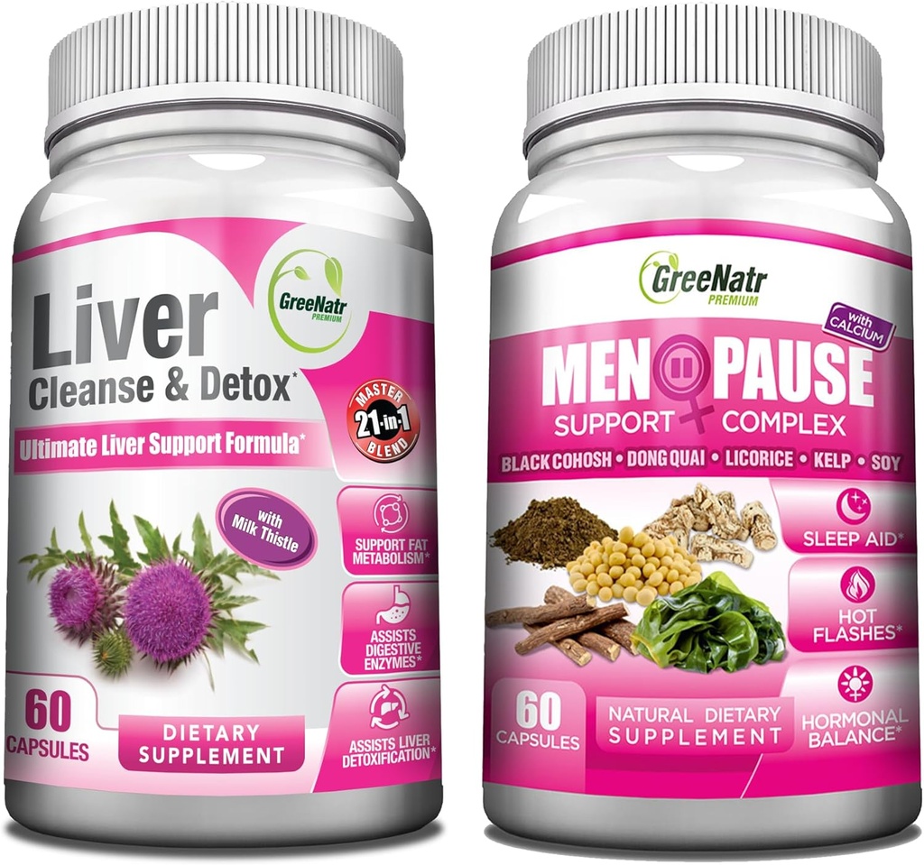 GreeNatr Synergic 번들 - 뜨거운 섬광, 밤 땀 & Mood 그네 기복 플러스 우리의 Synergistic Liver Cleanse를 가진 총 간병 Revitalization를 위한 초본 Menopause 지원 Complex