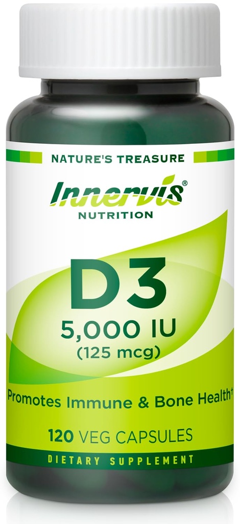 높은 효능 비타민 D3 5000 IU - 부스트 면역, 지원 뼈 & 치아, 삼키기 120 Veg 캡슐에 쉬운