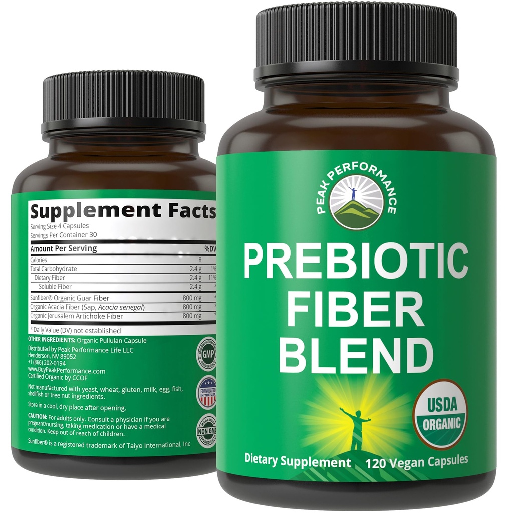 USDA 유기 3-in-1 Prebiotic 섬유 - Gut, Digestive 건강을위한 Vegan 캡슐. 익지않는 전체적인 음식 식물은 Inulin (Jerusalem Artichoke), Acacia 섬유, SunFiber를 가진 Prebiotics 알약 보충교재를 기초를 두었습니다