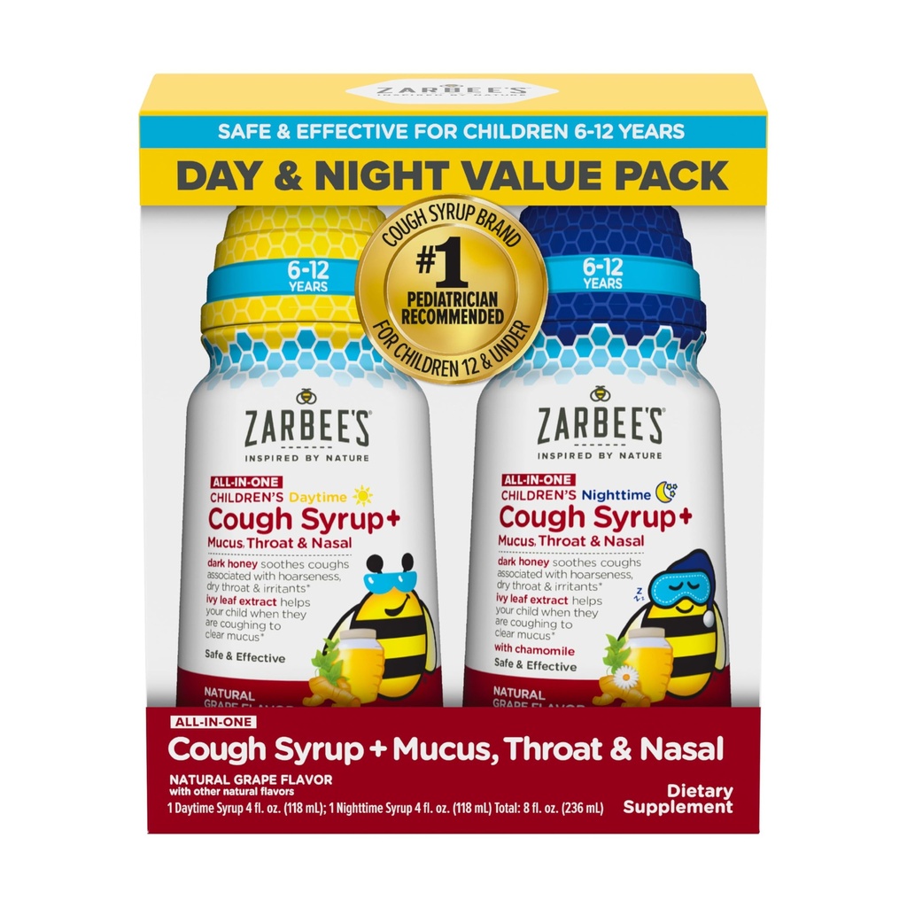 Zarbee's Children's All-in-One Honey Cough Syrup + Mucus, Throat & Nasal Day & Night Value Two Pack for Kids 6-12 + Dark Honey, 아이비 잎 추출물, 아연 심황 뿌리 & B 비타민, 포도, 2 x 4 fl. Oz