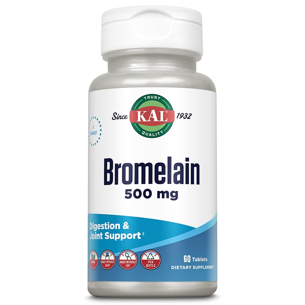 KAL Bromelain 500 mg, 소화 및 합동 지원 보충교재, 소화 효소, 파인애플 추출물, 급속한 Disintegration, Vegan, Dairy 또는 Soy 없이 만드는, 실험실 확인되는, 60의 서빙, 60의 정제