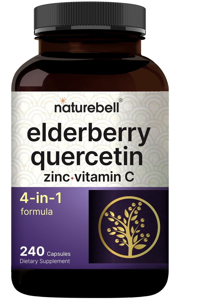 NatureBell Sambucus Elderberry 캡슐, Quercetin 500mg, 비타민 C 및 아연, 240 카운트 제공 당 5000mg | 유럽 블랙 Elderberry 과일 추출물 - 1 Immune 지원 보충제