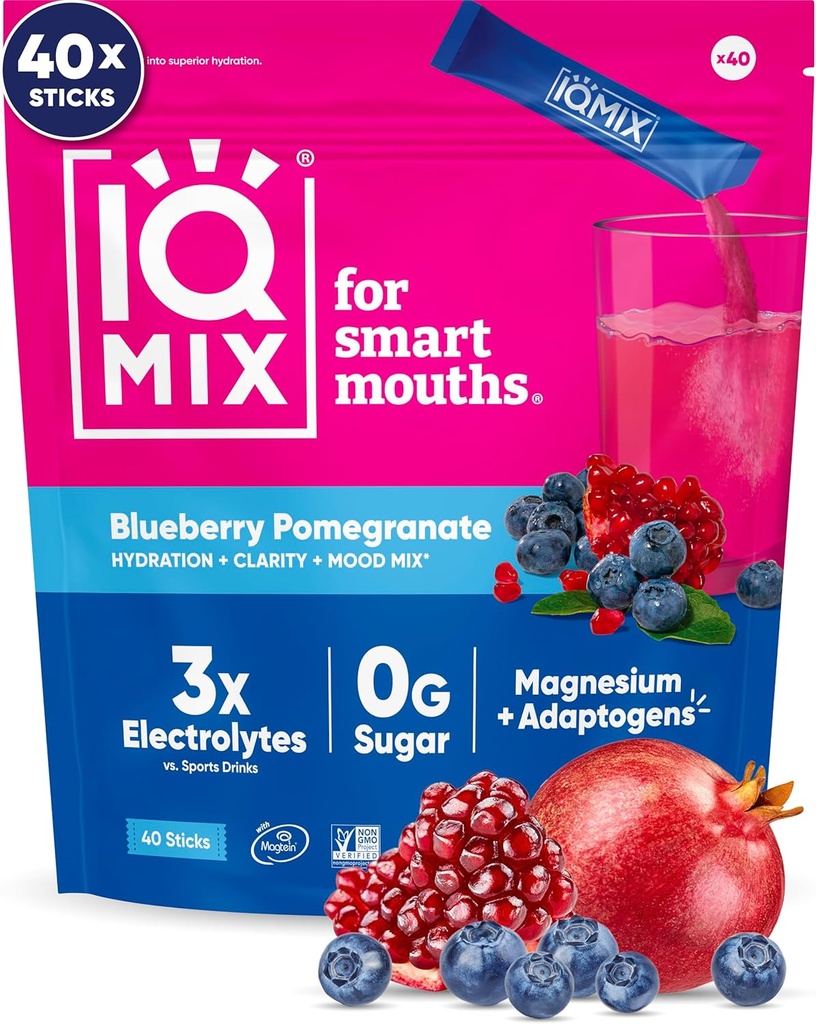 IQMIX Hydration Electrolyte Powder – 4in-1 Formula for Hydration, Mental Clarity, Mood 및 Recovery – Sugar-Free 음료 혼합, Keto, Magnesium L-Threonate, Lion’s Mane – 40 Count Blueberry Pomegranate