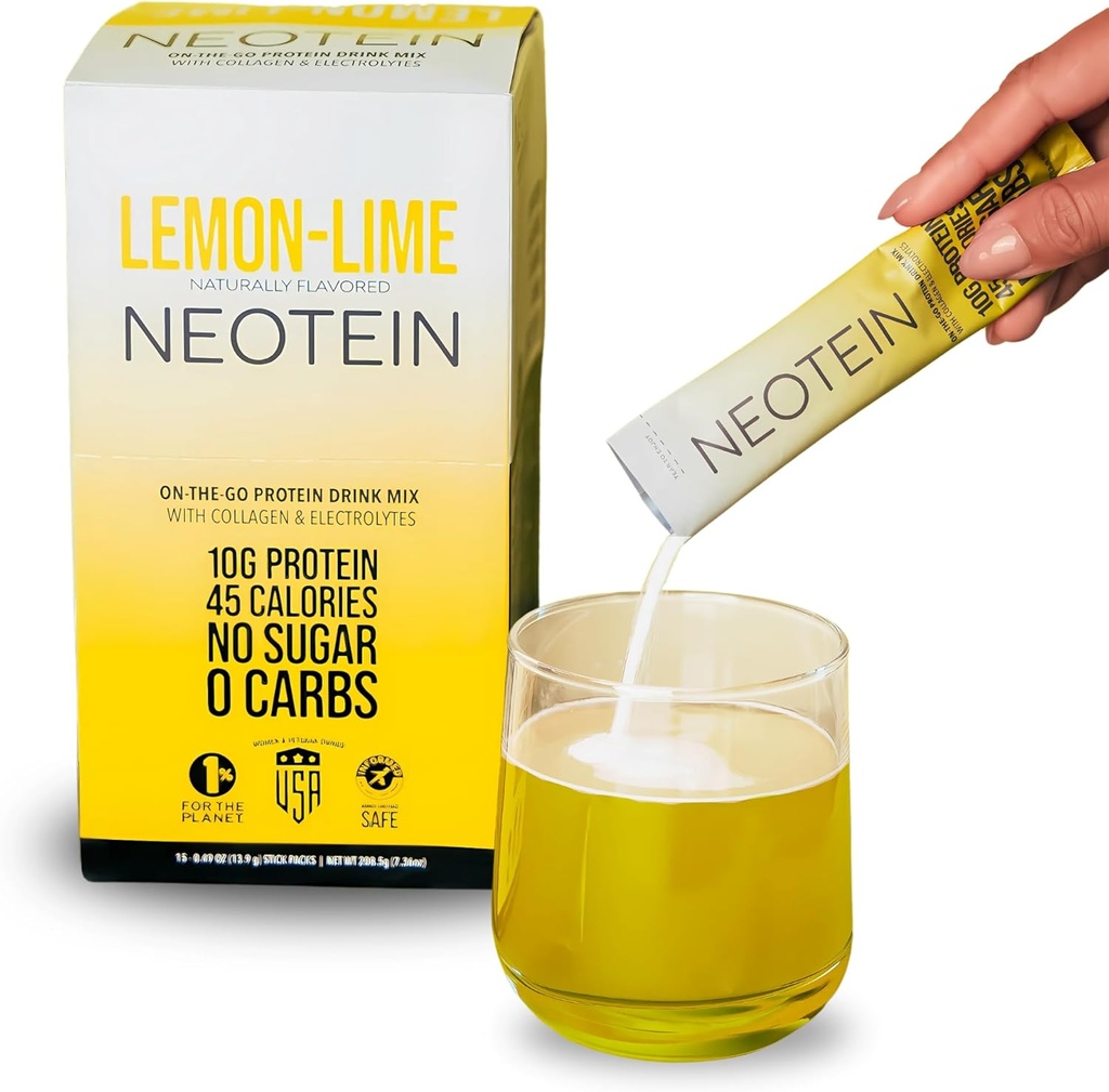 NEOTEIN : 전해질 분말 패킷, 10g Protein & Collagen의 단백질 분말 | Hydration Packets - Zero Sugar, NO Fillers, NO Carbs | Lemon Lime | 45 Calories | Keto & Paleo | 15개 팩
