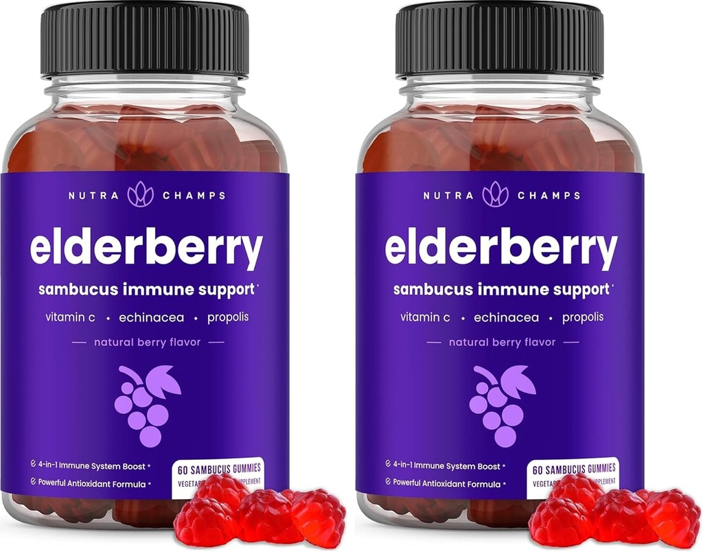 NutraChamps Elderberry Gummies with Vitamin C, Propolis & Echinacea - 성인 & 아이를위한 면역 체계 지원 거미 비타민 - 최대 힘 200mg Sambucus 항산화제 (포장 2)