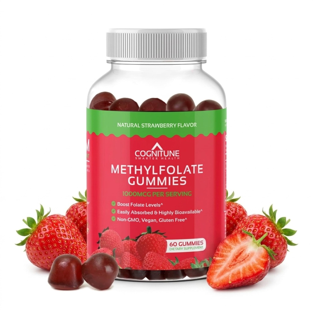 CogniTune Methylfolate Gummies - 높은 Potency L-Methylfolate, 뇌, 심장 건강 및 면역성, 맛있는 Strawberry 맛, 비 GMO, Vegan, 글루텐 자유로운을 가지고 가기 위하여 쉬운