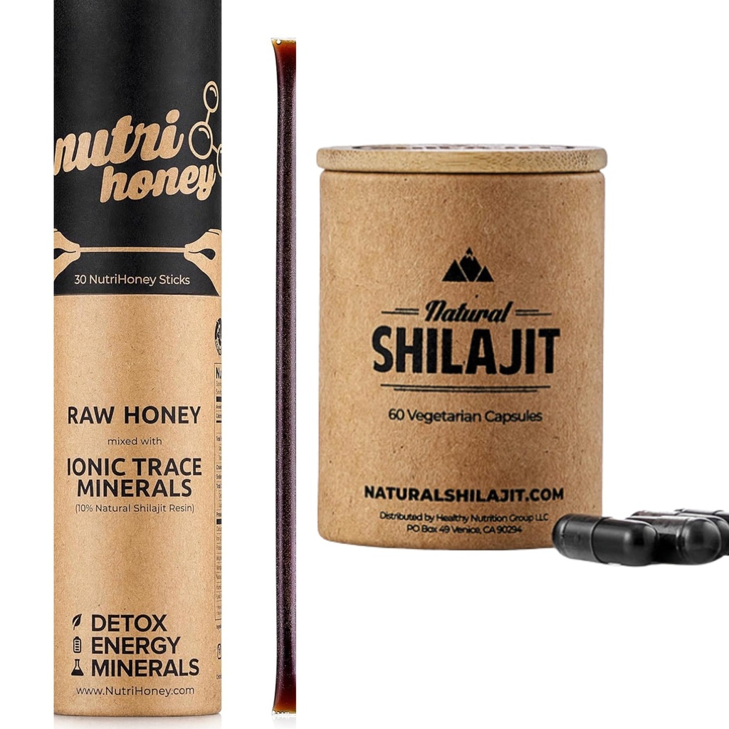 NATURAL SHILAJIT 캡슐 (1-2 개월 공급) | 60 Count & Shilajit Honey Sticks Resin Mix with Raw Honey (30 스틱)