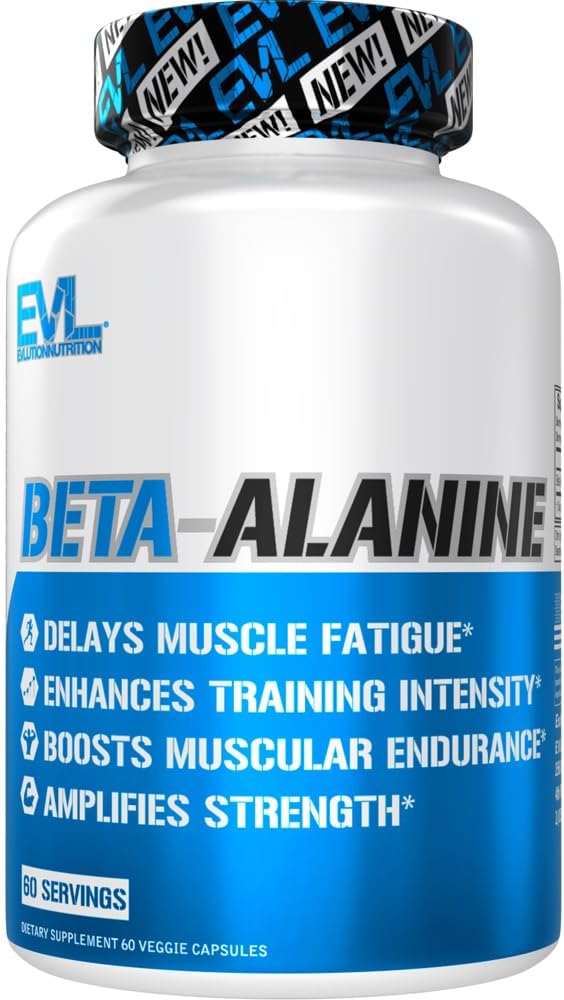 Evlution Nutrition Beta-Alanine 캡슐 - 향상된 교육 강도 - 남성 및 여성을위한 60 카운트 베타 알라닌 보충 - 지연 근육 피로, 부스트 내구시간, 증폭 강도