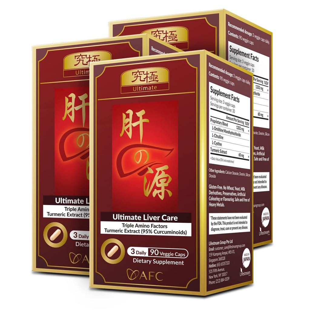 AFC Japan Ultimate Liver Care – Amino Acid L-Ornithine, L-Citrulline, L-Cystine 및 Turmeric – Liver Health Support Supplement, 90 Veggie 캡슐 x 3와 함께 Cleanse Detox 공식