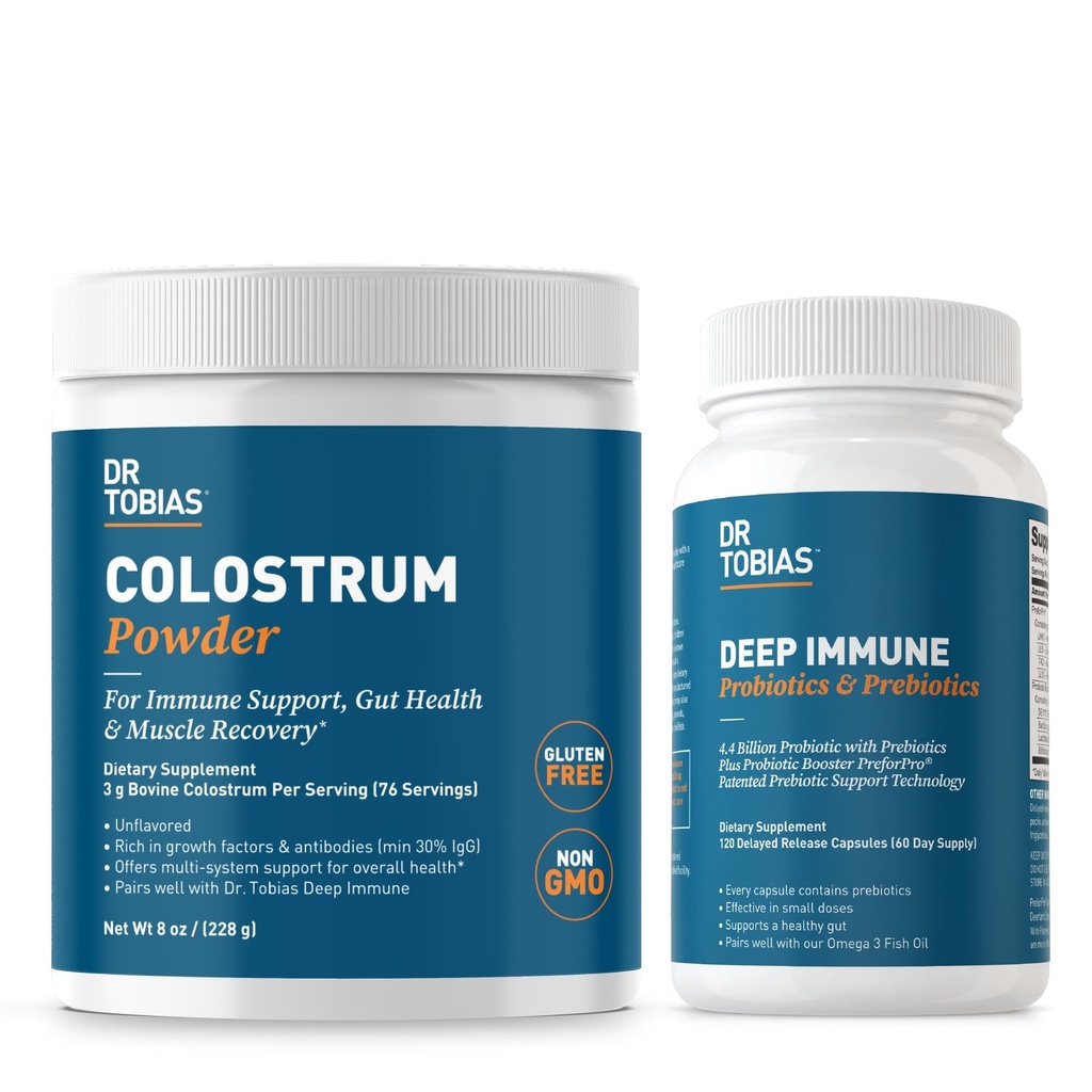 Tobias Deep Immune Probiotics & Prebiotics 및 Colostrum Powder - 소화 건강, Gut 건강 및 면역 기능을 지원합니다.